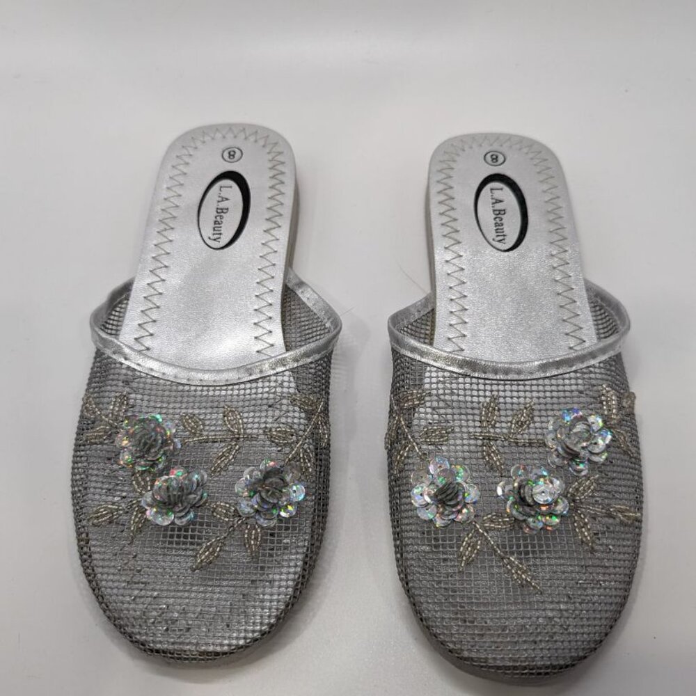 LA Beauty Silver Flower Embellished Mesh Sandal